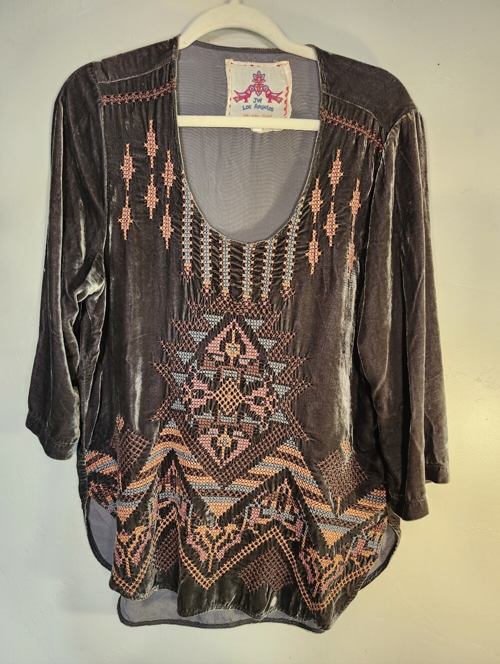 Johnny Was Charcoal Velvet Embroidered Scoop Neck Tunic with Pink Accents
